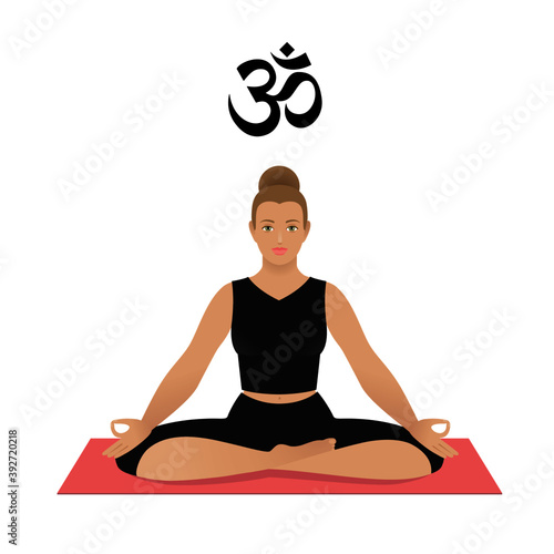 Kapha dosha - or ectomorph - ayurvedic physical constitution of human body type. Editable vector illustration of woman in asana padmasana - yoga pose - on a white background for Yoga, Ayurveda, Reiki