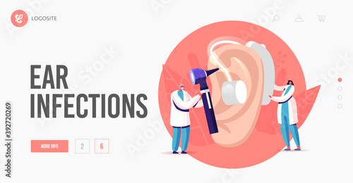 Otolaryngology Medicine, Deafness Landing Page Template. Tiny Male Female Doctor Characters Fitting Deaf Aid on Huge Ear