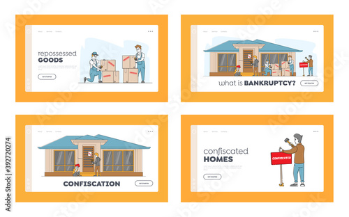 Bankruptcy, Property Confiscation Landing Page Template Set. Frustrated, Disappointed Female Character Crying front Door