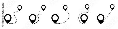 Set map distance measuring icon, pin map marker pointer sign, GPS location flat symbol – vector