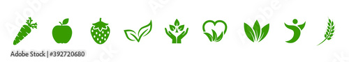 Vegan green bio icons set with carrot, apple, strawberry and leaves sign – stock vector