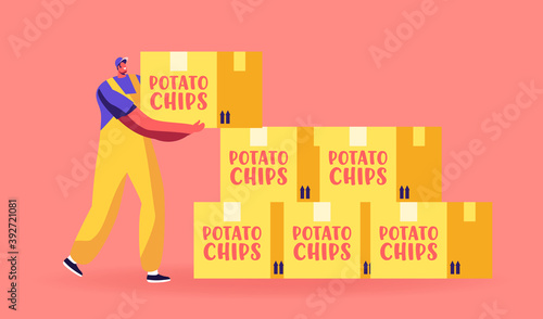 Express Food Delivery. Courier Male Character in Uniform Deliver Boxes with Potato Chips to Consumer. Shopping, Order