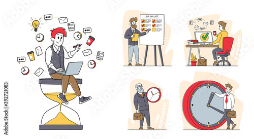 Set of Business Characters Time Management  People with Huge Alarm and Hour Clock  Business Working Process Organization