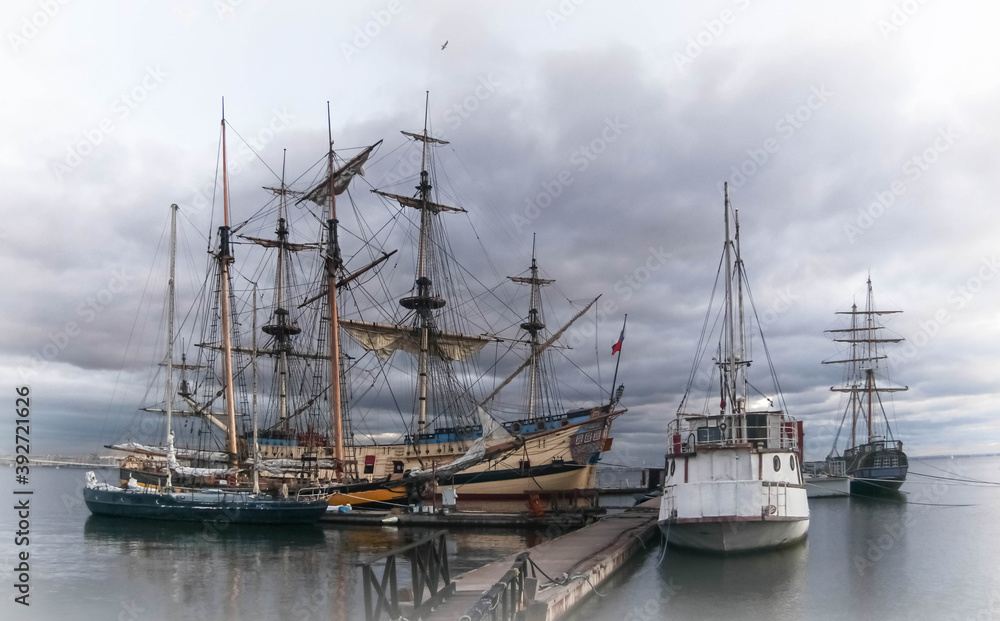 Sailboats and yachts in Saint-Peterburg harbor on a cloudy evening