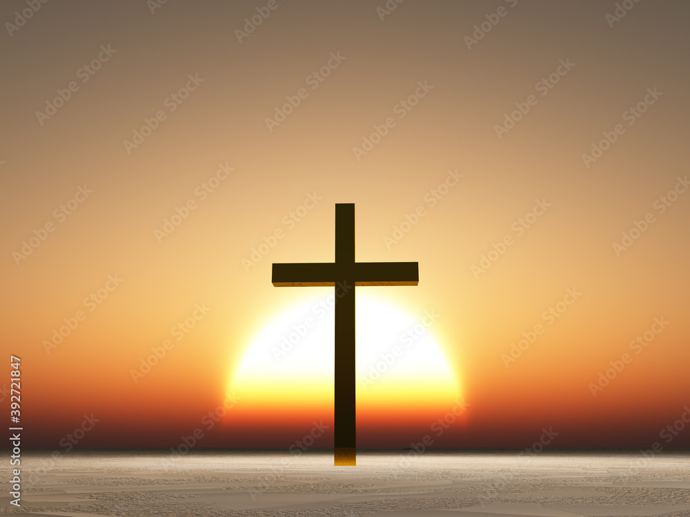 Sunset or sunrise with cross. 3D rendering