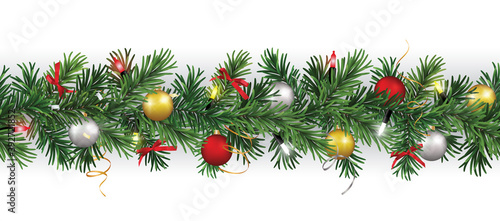 Vector seamless pattern with green branches and christmas decorations on white background
