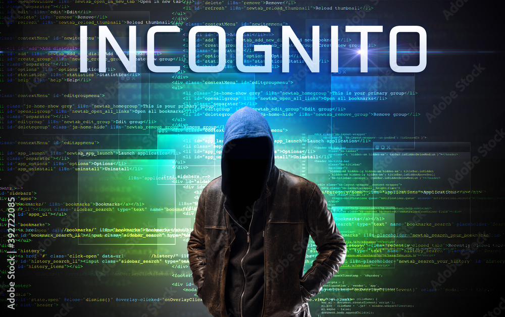 Faceless hacker with INCOGNITO inscription on a binary code background