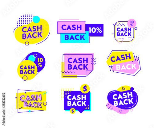 Set of Cash Back Icons or Banners with Abstract Geometric Shapes and Lines. Cashback Offer with Symbols and Typography