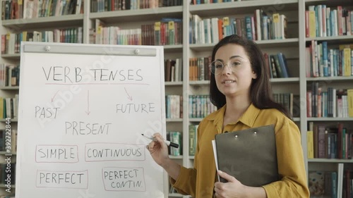 Young female english language teacher standing in front of the whiteboard and studying in classroom