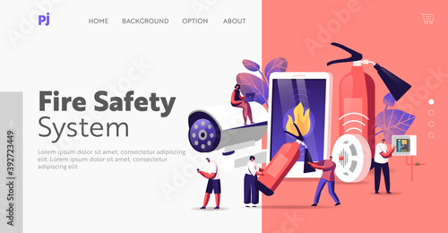 Fire Safety System Landing Page Template. People Get Notification from Smartphone about Fire. People with Extinguisher