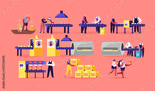 Chips Manufacture Concept. People Produce Snack. Farmer Digging Raw Potato on Ranch, Worker Characters Producing Chips