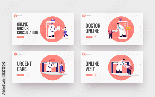 Distant Online Medicine, Medical Technologies Landing Page Template Set. Doctors Listen Heart Beating from Huge Gadget