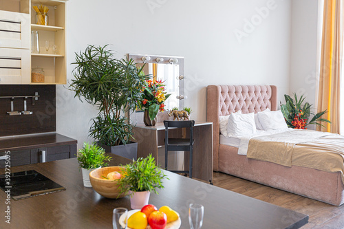 Canvas Print Contemporary ordinary design of spacious studio in soft warm colors