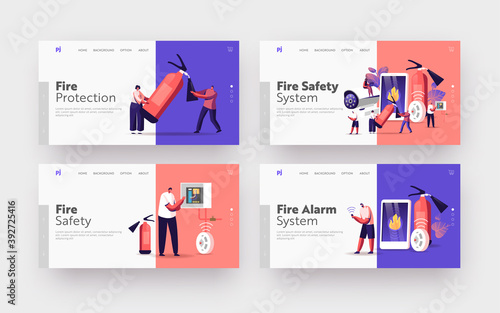Fire Safety System Landing Page Template Set. People Get Fire Notification from Smartphone. People with Extinguisher
