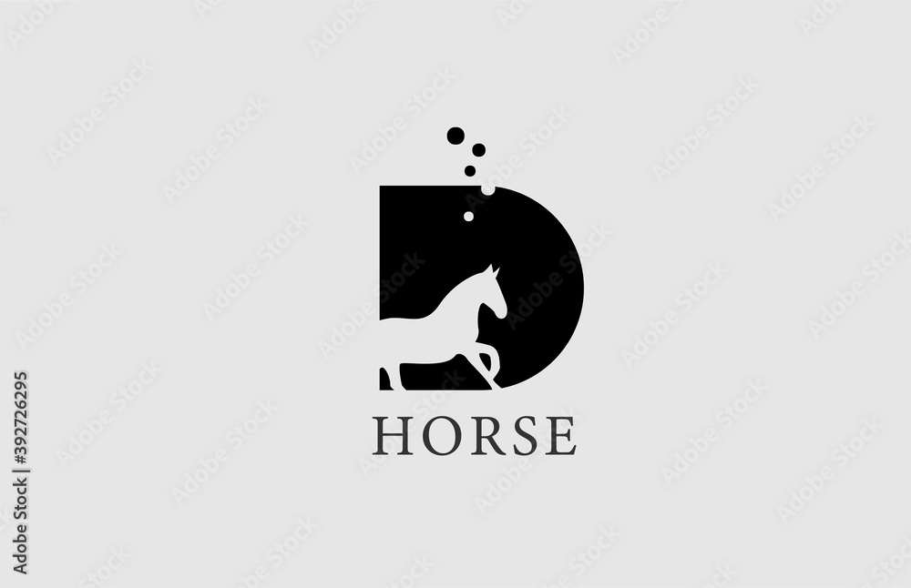 D horse alphabet letter logo icon with stallion shape inside. Creative design in black and white for business and company