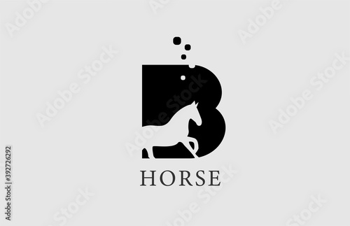 B horse alphabet letter logo icon with stallion shape inside. Creative design in black and white for business and company