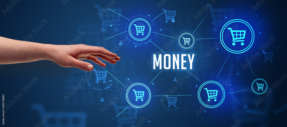 Close-Up of cropped hand pointing at MONEY inscription, online shopping concept Close-Up of cropped hand pointing at MONEY inscription, online shopping concept