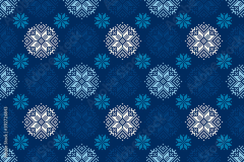 Winter Holiday Pixel Pattern. Seamless Snowflakes Ornament. Scheme for Knitted Sweater Pattern Design.