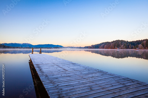 Cold autumn morning at Lake Kirchsee near Bad Toelz in Bavaria