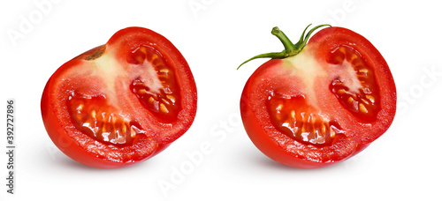 Several fresh cut tomatoes with stem isolated on a white background. Several summer vegetables for packaging design of juice, ketchup, sauces, vegetable smoothies, preservation, sun-dried tomatoes.