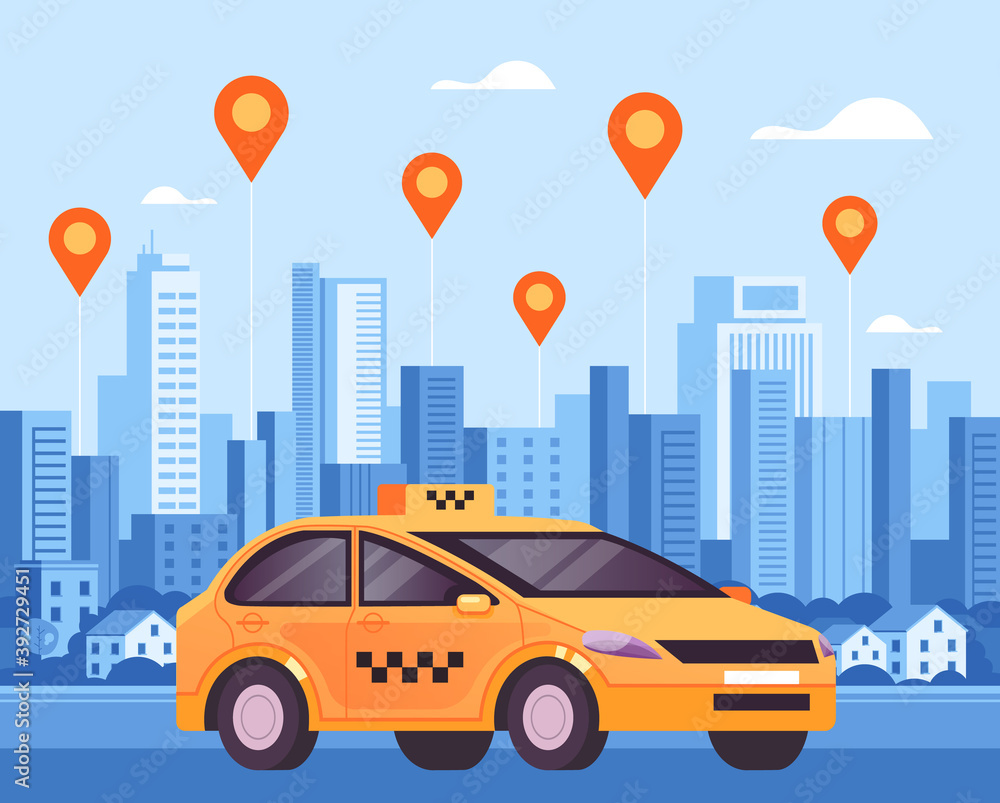 Mobile internet online taxi city application concept. Vector flat cartoon graphic design illustration