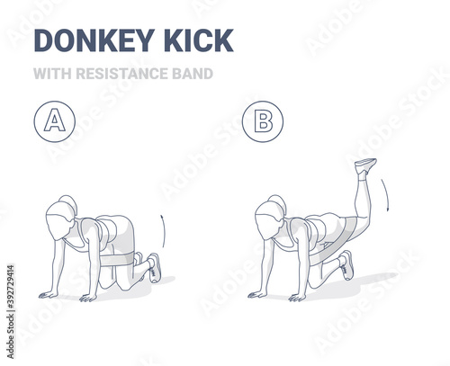 Donkey Kick Woman Home Workout Exercise Guidance Outline Concept Illustration.
