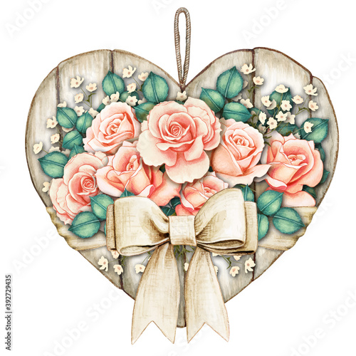 Watercolor shabby chic rustic white wooden heart tag with peach roses