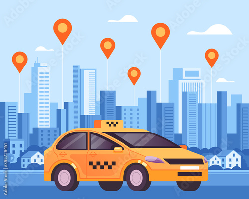 Fototapeta Naklejka Na Ścianę i Meble -  Mobile internet online taxi city application concept. Vector flat cartoon graphic design illustration