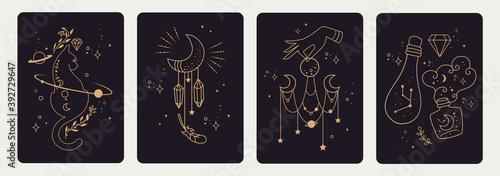 Set of mystical templates for tarot cards, banners, flyers, posters, brochures, stickers. Hand-drawn. Cards with esoteric symbols. Witchcraft. Silhouette of hands, planets, moon phases and crystals. 