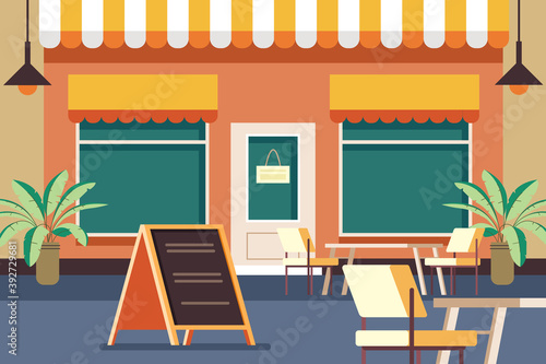 Open street small cafe facade exterior concept. Vector flat cartoon graphic design illustration