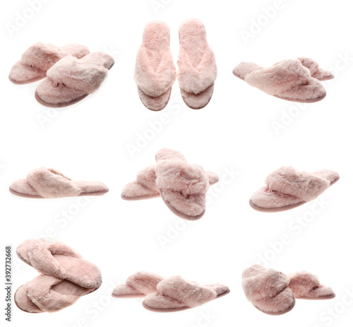 Collage with fluffy slippers on white background