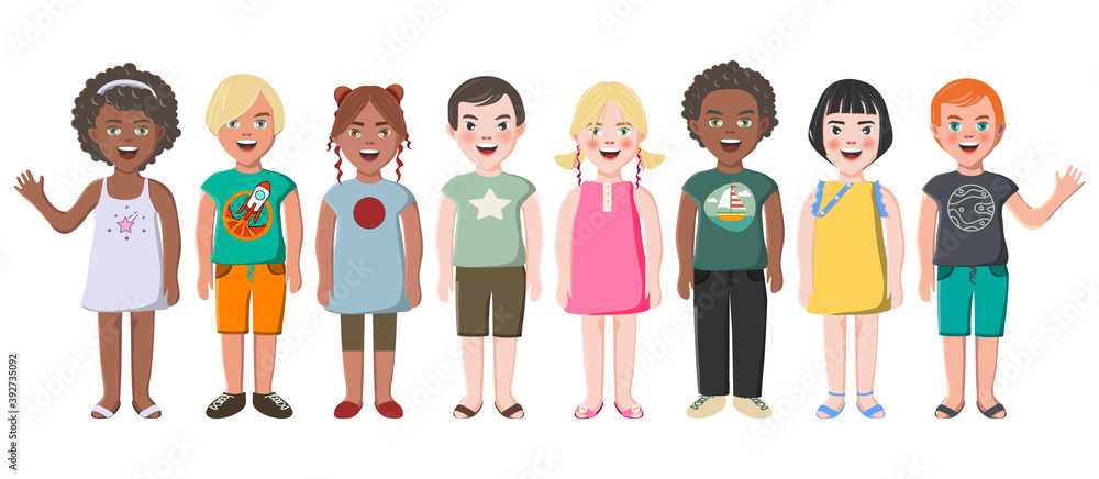 Multiethnic friends. Seven different kid faces. Asian, african and caucasian standing in summer clothes. isolated vector illustration Multiethnic friends. Seven different kid faces. Asian, african and caucasian standing in summer clothes. isolated vector illustration