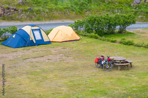 Tents on the campsite of Djupivogur in Iceland