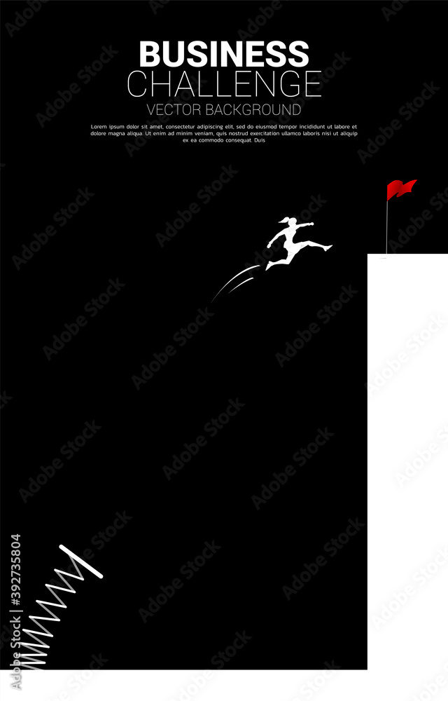 Silhouette of businesswoman jump to red flag on cliff with springboard. Concept of boost and growth in business. Silhouette of businesswoman jump to red flag on cliff with springboard. Concept of boost and growth in business.