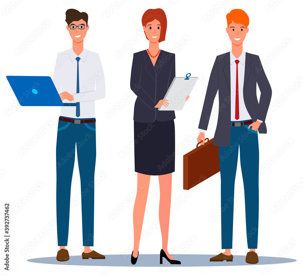 Group of businesswomen and businessmen with briefcase, laptop and documents.The concept of coworking, teamwork and brainstorming.Flat vector illustration.