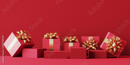 Minimal product background for Christmas, New year and sale event concept. Red gift box with golden ribbon bow on red background. 3d render illustration. Clipping path of each element included.