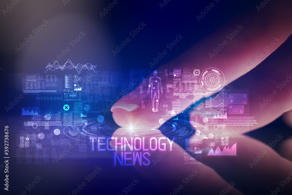 Finger touching tablet with web technology icons and TECHNOLOGY NEWS inscription Finger touching tablet with web technology icons and TECHNOLOGY NEWS inscription