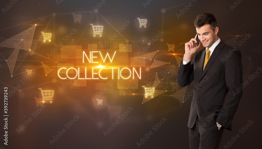 Businessman with shopping cart icons and NEW COLLECTION inscription, online shopping concept Businessman with shopping cart icons and NEW COLLECTION inscription, online shopping concept