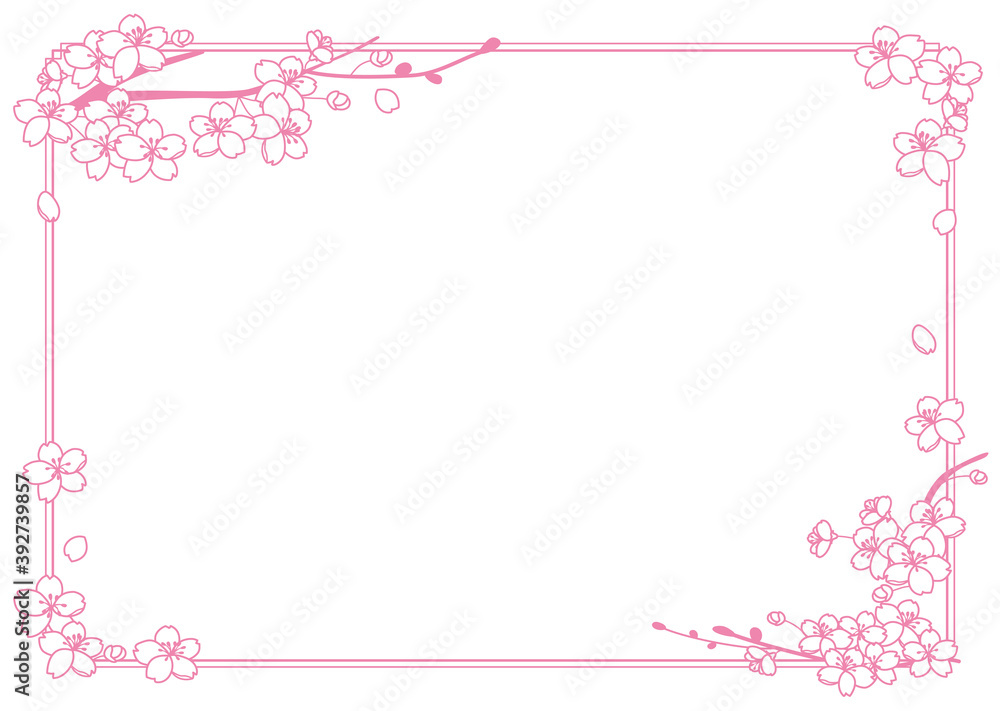 桜の花のピンク色の線画の和風フレーム