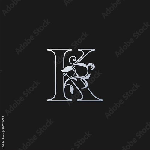 K Letter Outline Initial Nature Tropical Leaf logo Icon. Silver classy color logo icon vector design concept monogram vintage luxury.