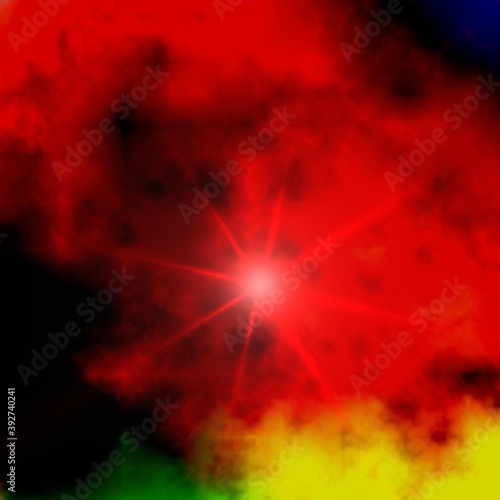 Sky, sun, stars, galaxy, red and green explosion