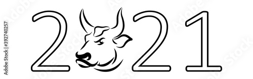 New 2021 Year of the Ox. The symbol of the Chinese New Year is a white metal bull. A bull or a cow is a symbol of 2021. Linear sketch of a bull of the symbol of the new year and numbers 2021.