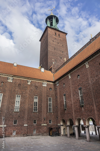 Architectural details of the Stockholm City Hall (Stadshuset) building. Stadshuset is the most famous symbol of Stockholm, iconic landmark. Stockholm, Sweden. photo