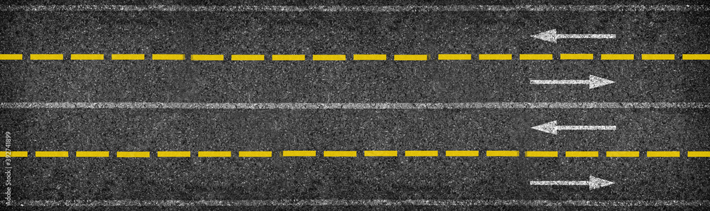 Top view of asphalt road with lanes and limits sign concept. long black asphalt texture background.
