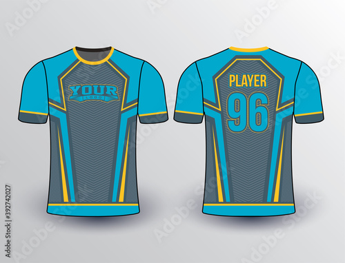 Elegant geometric pattern and stripes abstract design teal blue graphite and yellow color jersey mockup for baseball softball esports and for all sports team jersey