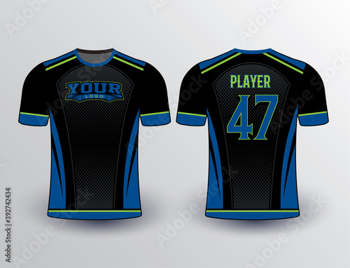 Black background royal blue with a touch of lime green pattern-filled jersey mockup for baseball softball esports gear