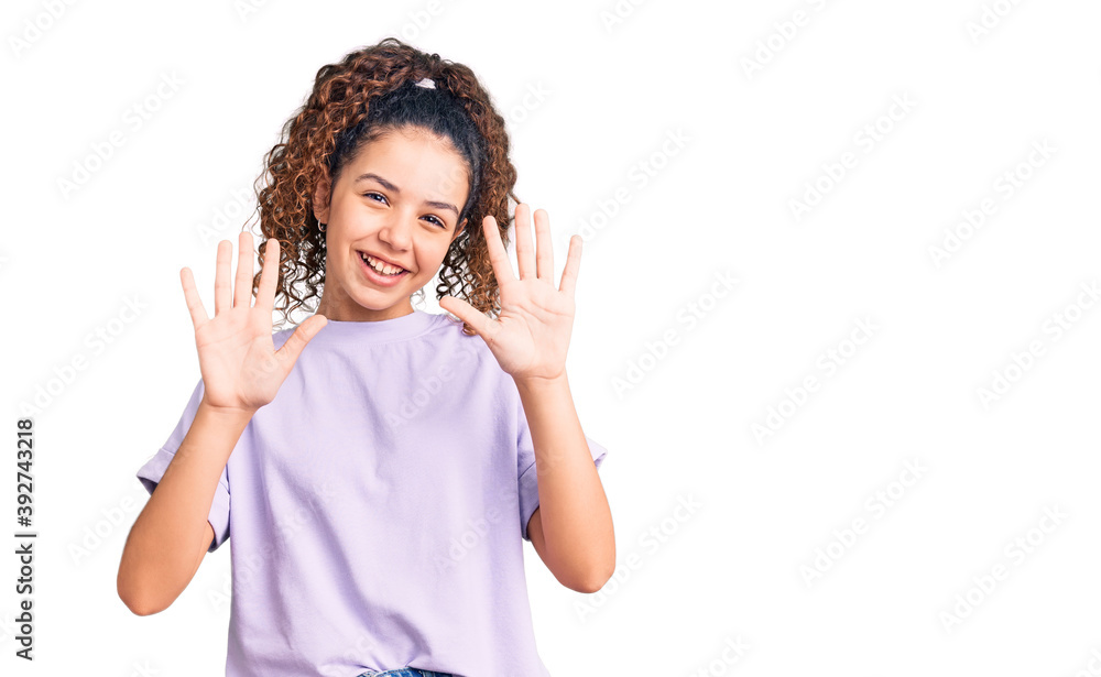 Beautiful kid girl with curly hair wearing casual clothes showing and pointing up with fingers number ten while smiling confident and happy. Beautiful kid girl with curly hair wearing casual clothes showing and pointing up with fingers number ten while smiling confident and happy.