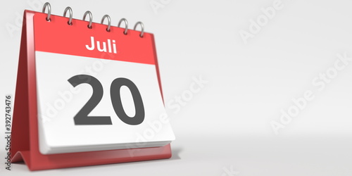 July 20 date written in German on the flip calendar page. 3d rendering