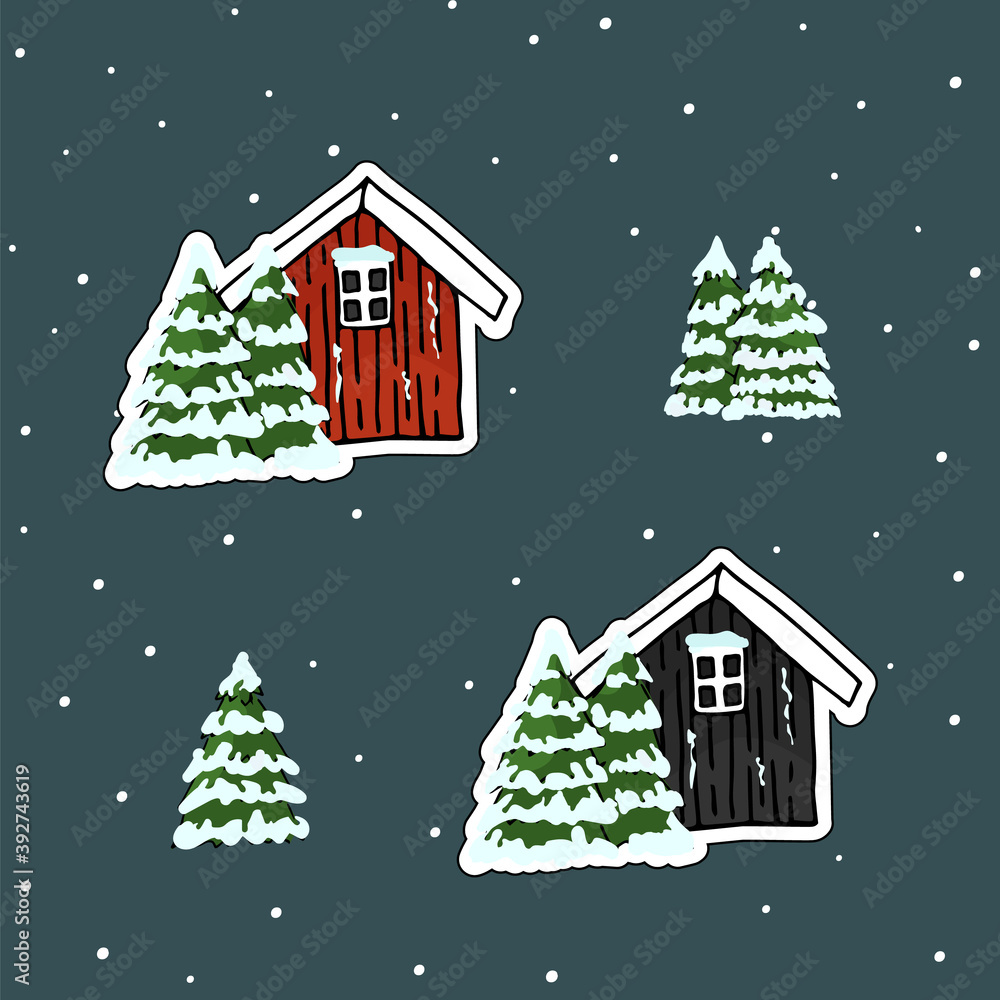 Wooden red, black hand drawn scandinavian houses and Christmas trees in winter with snow for rest or rent