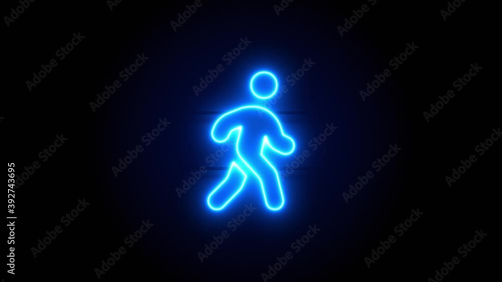 Walking neon sign appear in center and disappear after some time. Animated blue neon icon on black background. Looped animation. Walking neon sign appear in center and disappear after some time. Animated blue neon icon on black background. Looped animation.